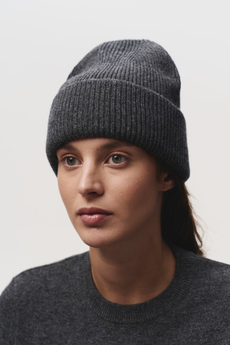 Soft Dark Grey Lambswool Fold Beanie