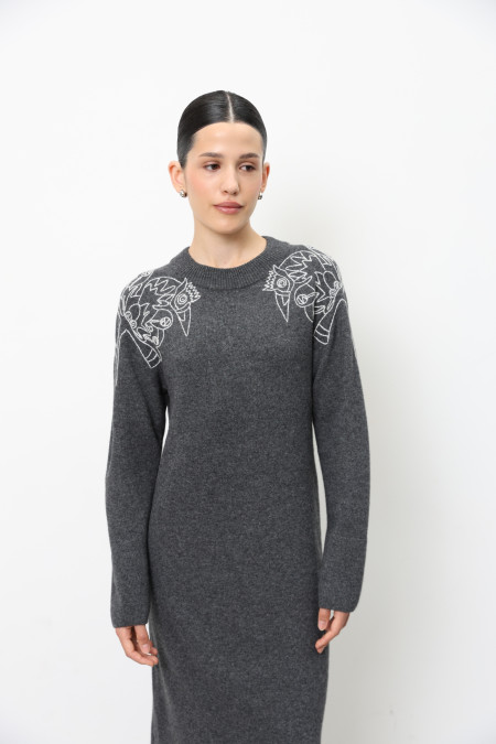 Long Dark Grey Embroidered Dress