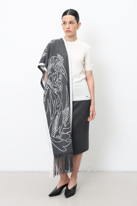 Dark Grey Jacquard Scarf With Graphic Motif