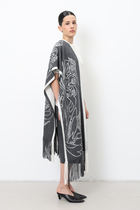 Dark Grey Jacquard Scarf With Graphic Motif