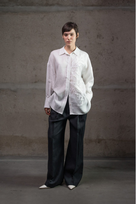 White Oversized Linen Shirt with Textured Appliqué