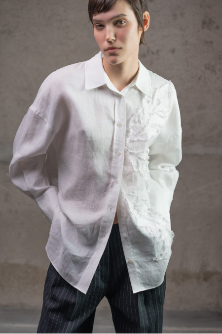 White Oversized Linen Shirt with Textured Appliqué White Oversized Linen Shirt with Textured Appliqué