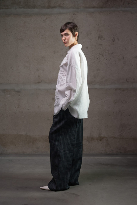White Oversized Linen Shirt with Textured Appliqué