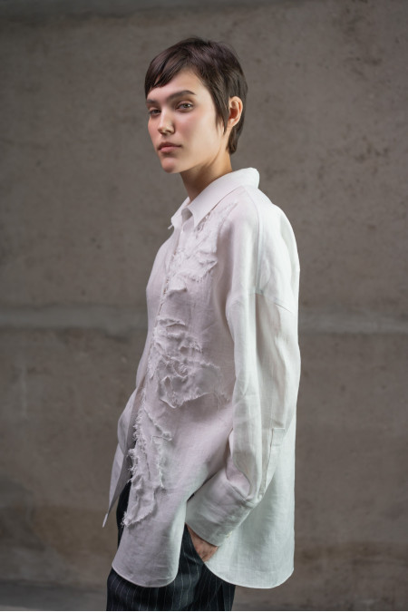 White Oversized Linen Shirt with Textured Appliqué White Oversized Linen Shirt with Textured Appliqué