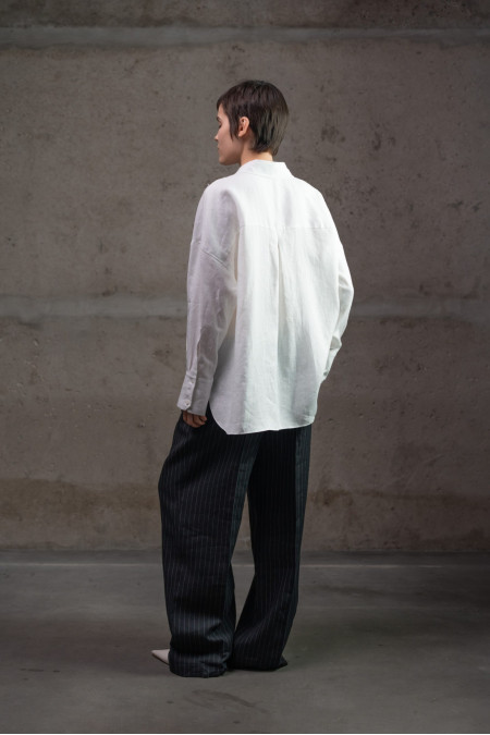 White Oversized Linen Shirt with Textured Appliqué