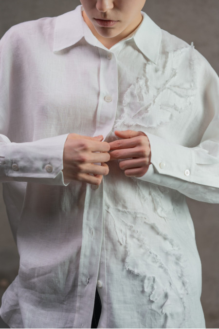 White Oversized Linen Shirt with Textured Appliqué White Oversized Linen Shirt with Textured Appliqué
