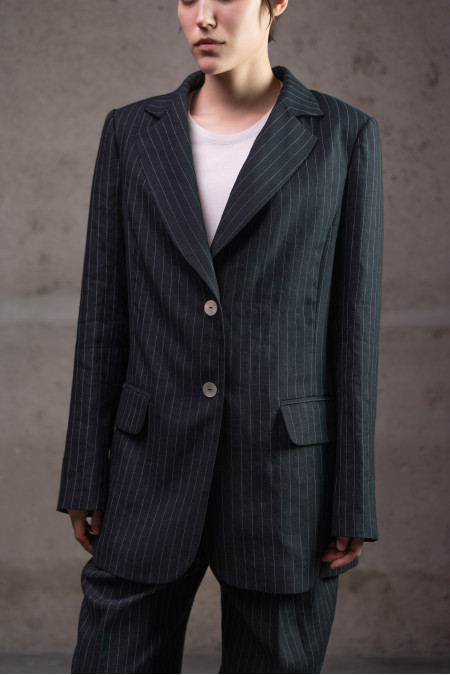 Black Striped Linen Jacket With Viscose Lining Black Striped Linen Jacket With Viscose Lining