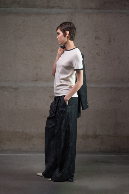 Black Striped Linen Palazzo Trousers With Double Pleats Black Striped Linen Palazzo Trousers With Double Pleats