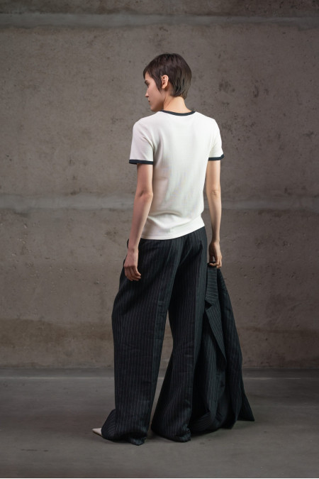 Black Striped Linen Palazzo Trousers With Double Pleats Black Striped Linen Palazzo Trousers With Double Pleats