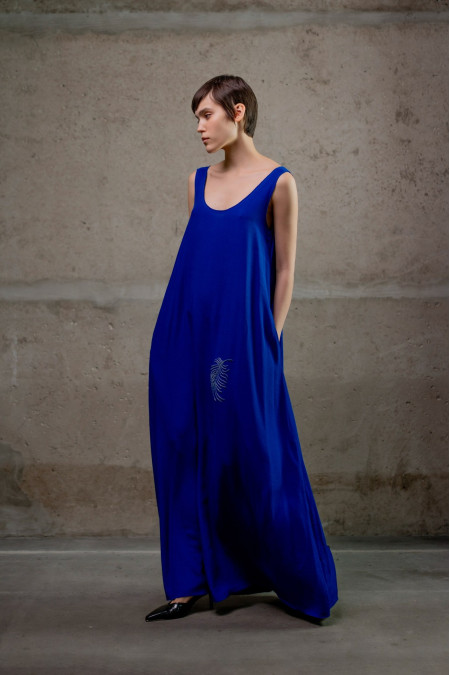 Beaded Blue A-Line Viscose Dress 