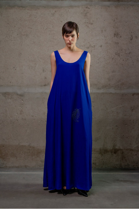Beaded Blue A-Line Viscose Dress 
