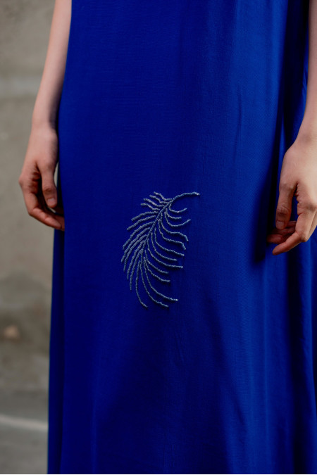 Beaded Blue A-Line Viscose Dress 