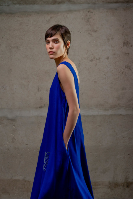 Beaded Blue A-Line Viscose Dress 