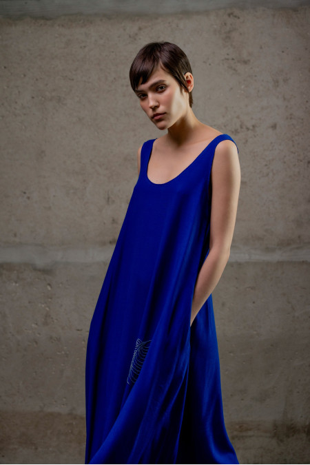Beaded Blue A-Line Viscose Dress 