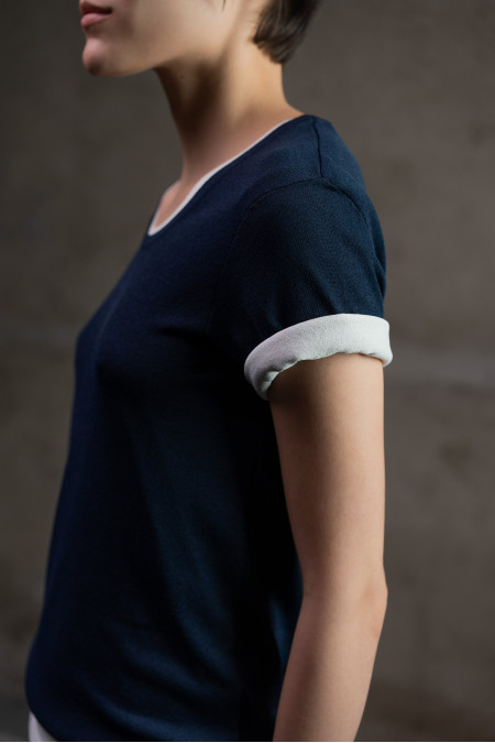 Navy Viscose Short-Sleeved U-Neck Jumper