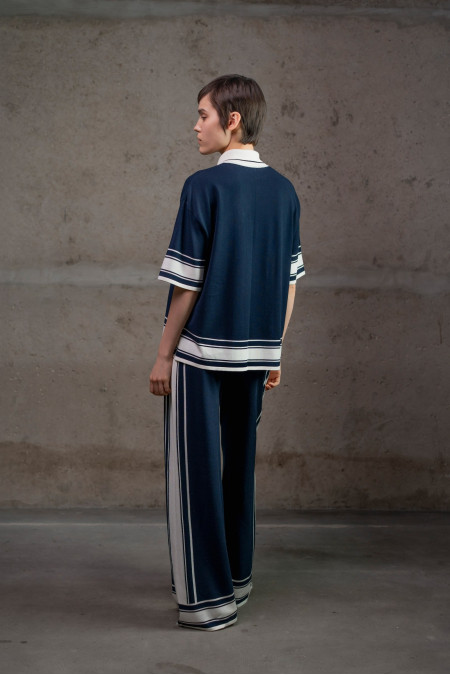 Navy Knit Trousers With Contrasting Graphic Trim 