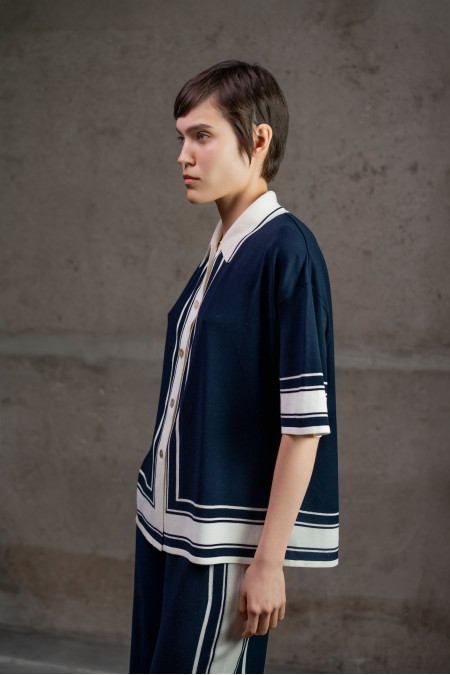 Navy Knit Shirt with Contrasting Graphic Trim Navy Knit Shirt with Contrasting Graphic Trim
