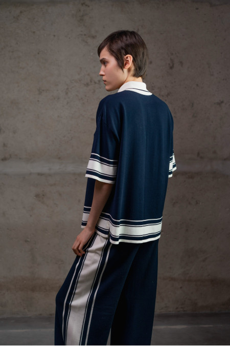 Navy Knit Trousers With Contrasting Graphic Trim 