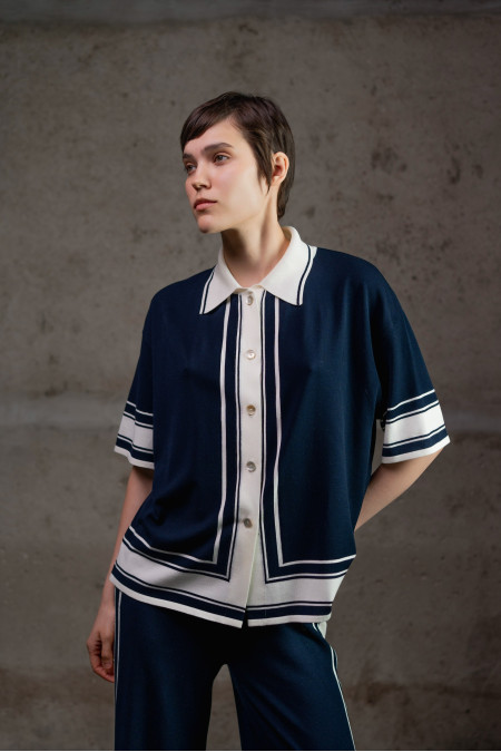 Navy Knit Shirt with Contrasting Graphic Trim Navy Knit Shirt with Contrasting Graphic Trim