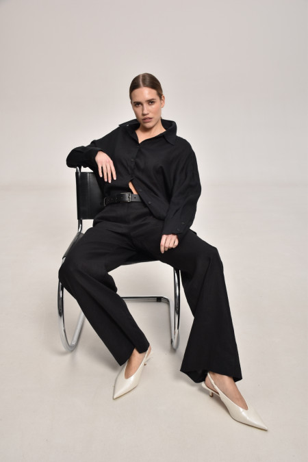 Black Overlap Back Slit Linen Shirt 