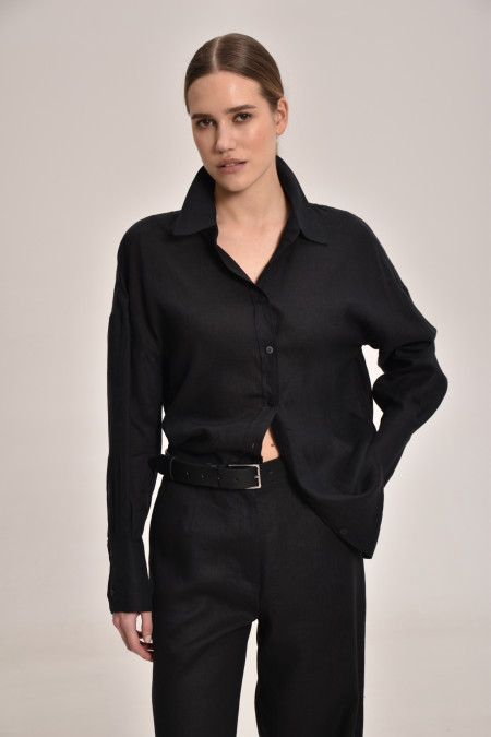 Black Overlap Back Slit Linen Shirt 