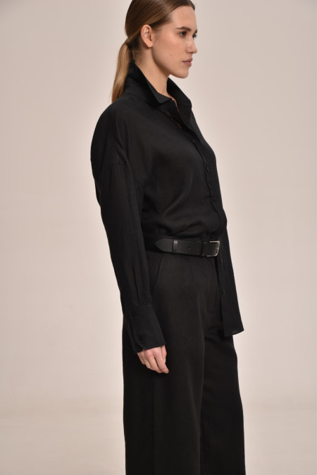 Black Overlap Back Slit Linen Shirt 