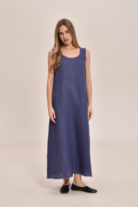 Blue Linen Dress With Wide Shoulder Straps
