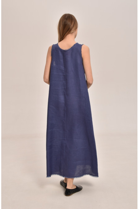 Blue Linen Dress With Wide Shoulder Straps