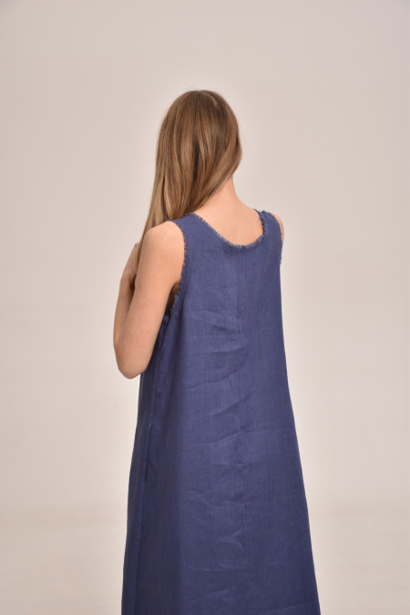 Blue Linen Dress With Wide Shoulder Straps