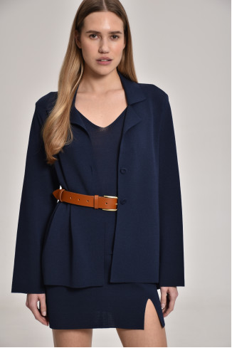 Navy Knitted Jacket With Deep Back Slit 