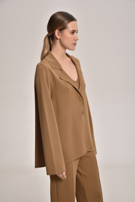Dark Beige Knitted Jacket With Deep Back Slit 