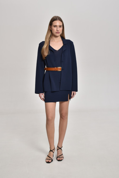 Navy Knitted Jacket With Deep Back Slit 