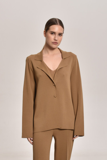 Dark Beige Knitted Jacket With Deep Back Slit 