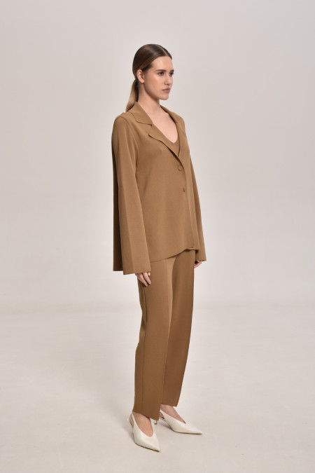Dark Beige Knitted Jacket With Deep Back Slit 