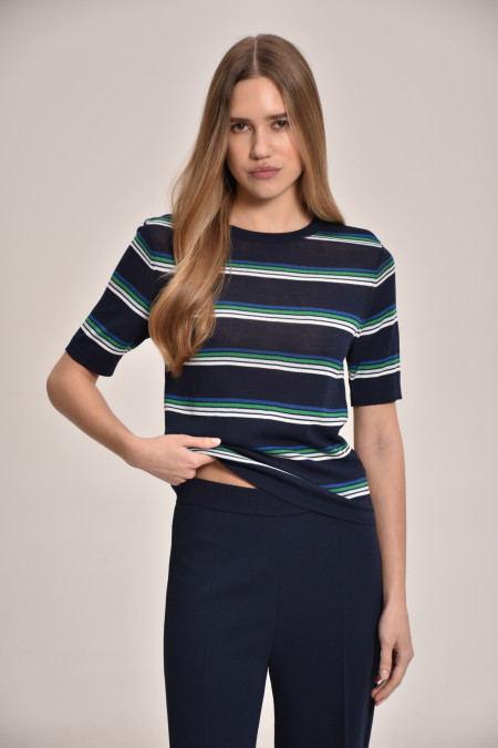 Navy And Green Striped Viscose Jumper
