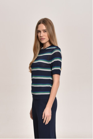 Navy And Green Striped Viscose Jumper