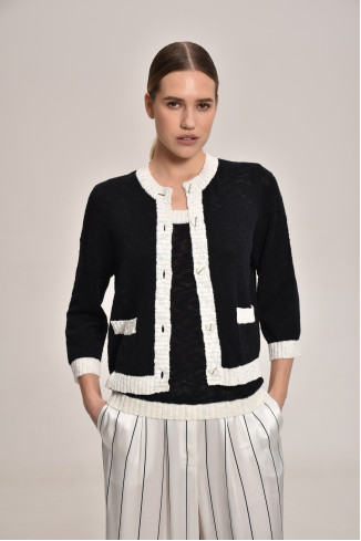 Black-Off-White Textured Jacket With Contrasting Border