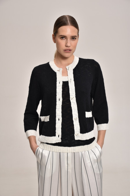 Black-Off-White Textured Jacket With Contrasting Border