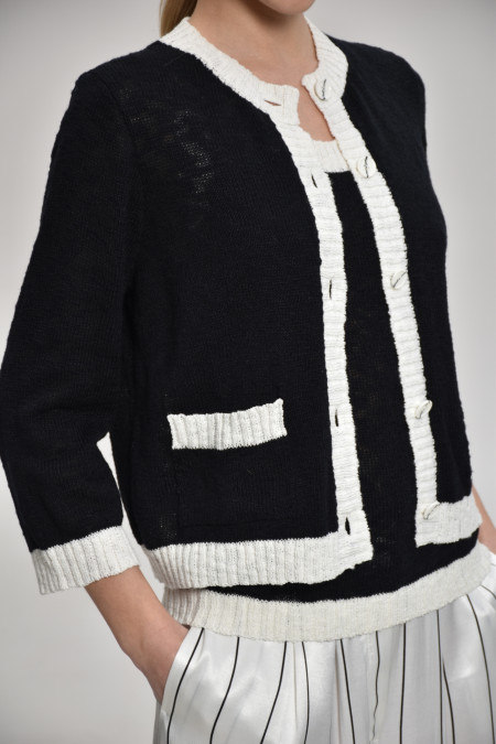 Black-Off-White Textured Jacket With Contrasting Border