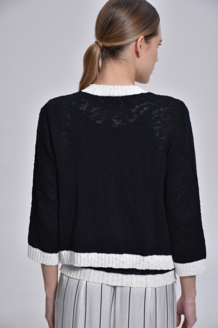 Black-Off-White Textured Jacket With Contrasting Border