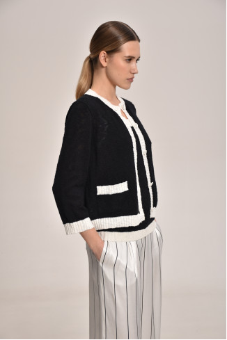 Black-Off-White Textured Jacket With Contrasting Border