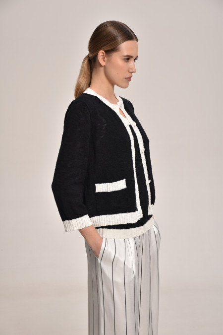 Black-Off-White Textured Jacket With Contrasting Border