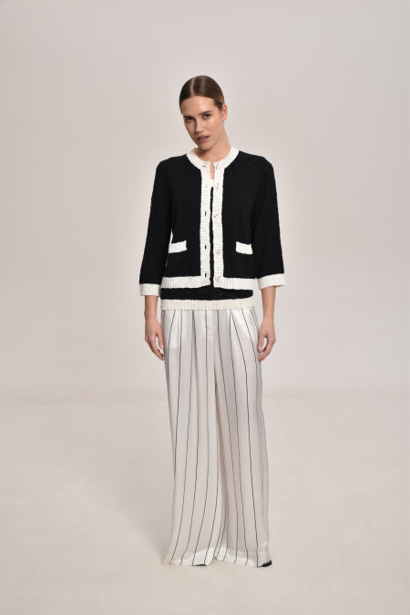 Black-Off-White Textured Jacket With Contrasting Border