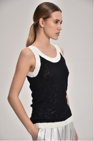 Black-Off-White Textured Top With Contrasting Border