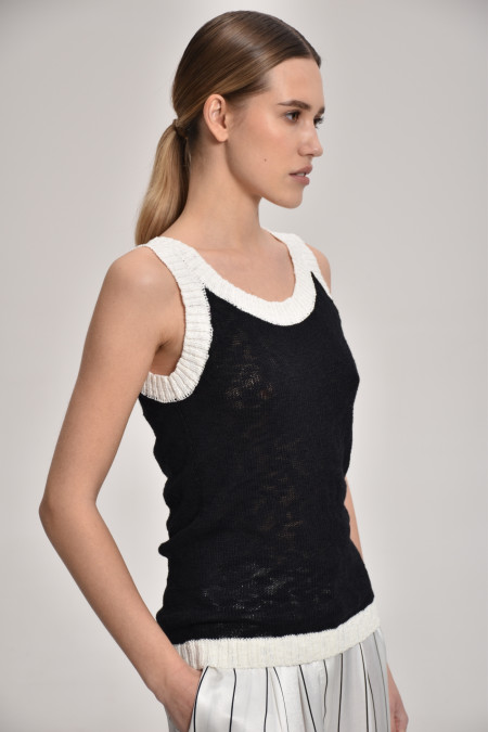 Black-Off-White Textured Top With Contrasting Border