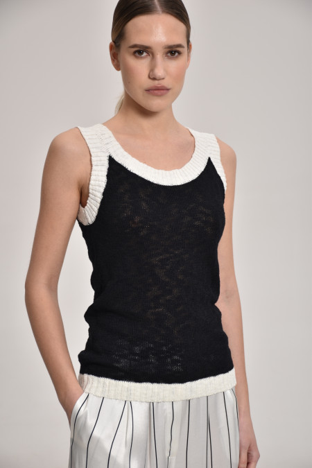 Black-Off-White Textured Top With Contrasting Border
