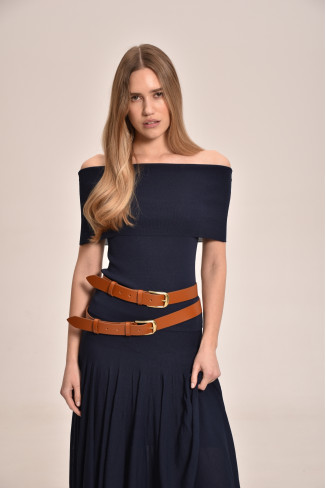Navy Viscose Off-The-Shoulder Knitted Top
