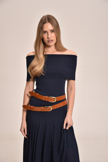 Navy Viscose Off-The-Shoulder Knitted Top