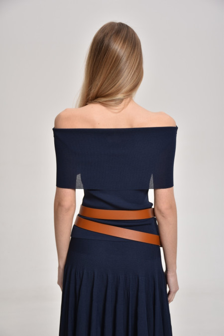 Navy Viscose Off-The-Shoulder Knitted Top