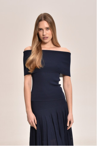 Navy Viscose Off-The-Shoulder Knitted Top